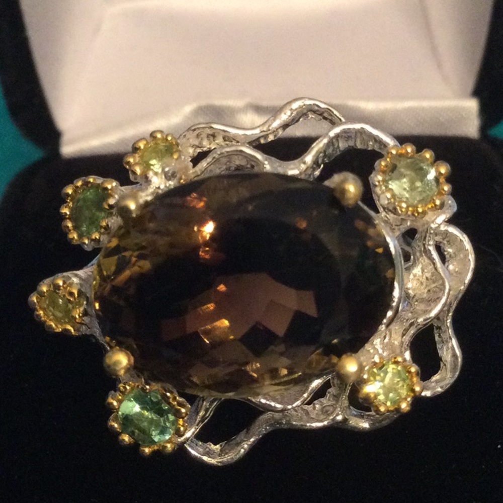 Classy & Elegant Genuine Smoky Quartz & Peridot Ring, 17mm by 12mm